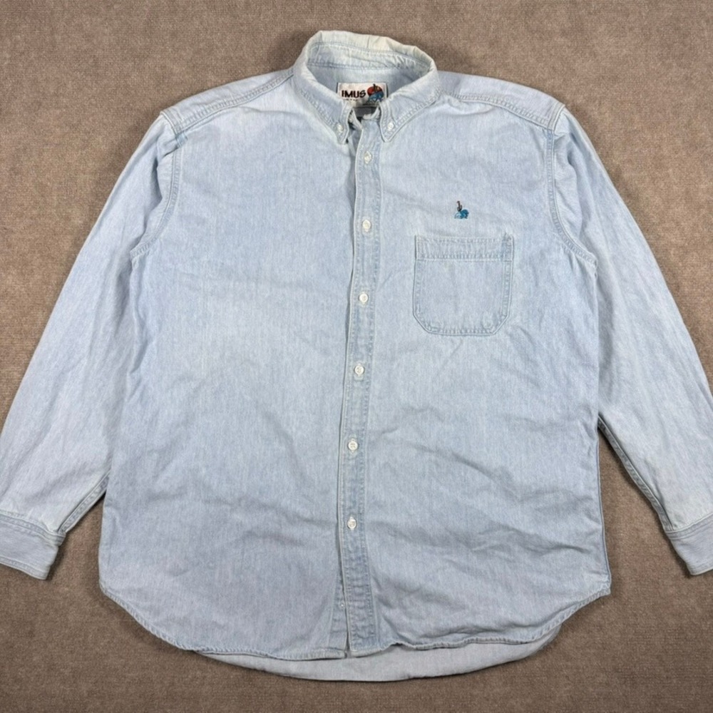 Vintage Imus Auto Body Express Mens XL Denim Button Down Shirt Light Wash USA